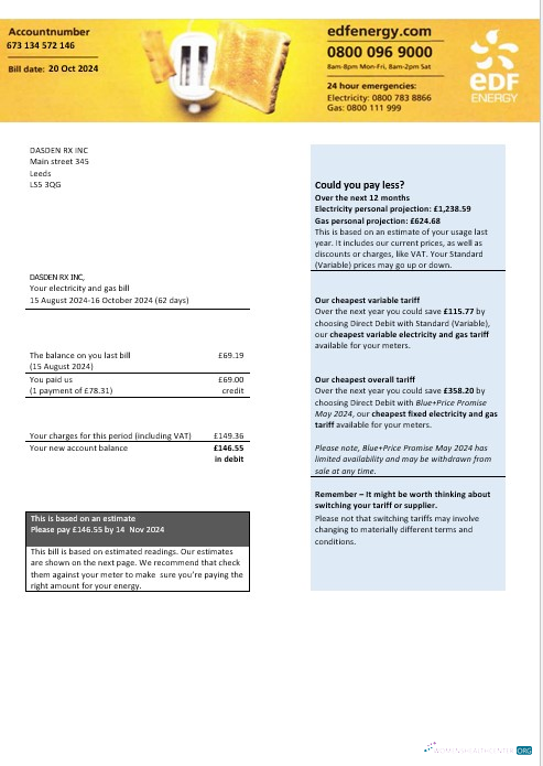 United Kingdom EDF Energy electricity and gas business utility bill Word and PDF formats, version 2
